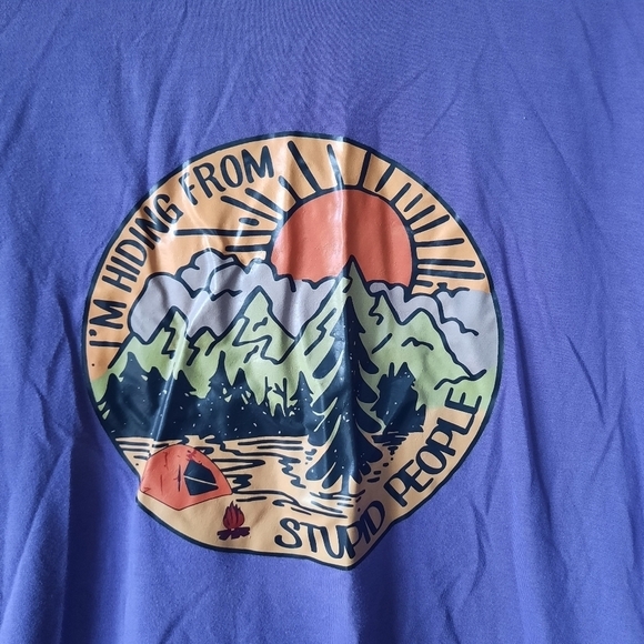 NWOT "I'm Hiding From Stupid People" novelty humor camping purple t-shirt - Picture 5 of 8
